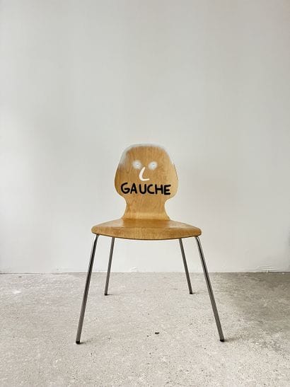 left - second-hand chair customized by cutting...