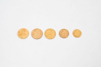 FRANCE
Lot of five gold coins: 
- 20 francs,...