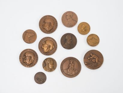 Lot of 12 patinated bronze medals on sports,...
