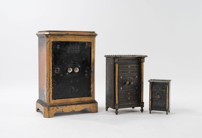 3 doll safes in black and gold painted sheet...