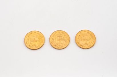 ITALY
Three 20 lire Umberto I gold coins.
1882.
Weight:...