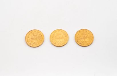 ITALY
Three 20 lire Umberto I gold coins.
1882.
Weight:...