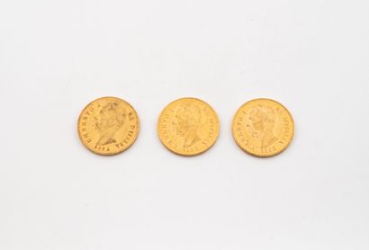 ITALY
Three 20 lire Umberto I gold coins.
1882.
Weight:...