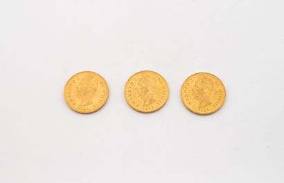 ITALY
Three 20 lire Umberto I gold coins.
1882.
Weight:...
