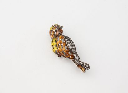 Silver (800) bird brooch with enameled plumage...