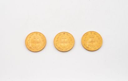 ITALY
Three 20 lire Umberto I gold coins.
1882.
Weight:...