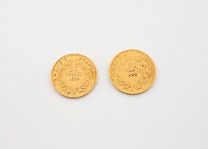 Two 20 franc gold coins, Napoleon III bareheaded.
1859.
Weight...