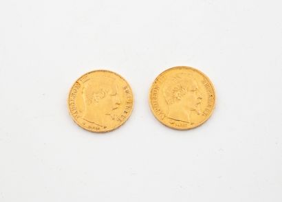 Two 20 franc gold coins, Napoleon III bareheaded.
1859.
Weight...