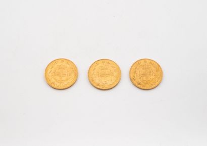 ITALY
Three 20 lire Umberto I gold coins.
1882.
Weight:...