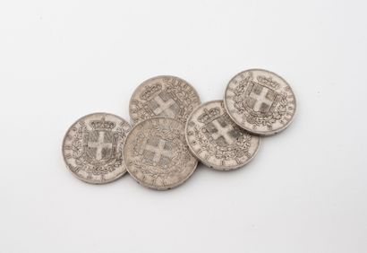 Five 5 lire Victor Emmanuel II silver coins.
1862,...