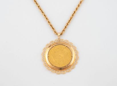 Yellow gold (750) rope-link necklace adorned...