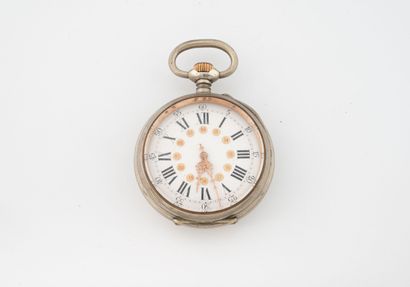 Important silver-plated metal pocket watch.
White...