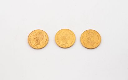 ITALY
Three 20 lire Umberto I gold coins.
1882.
Weight:...