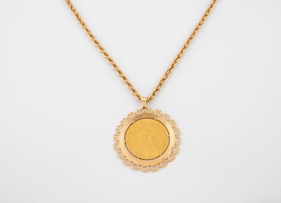 Yellow gold (750) rope-link necklace adorned...
