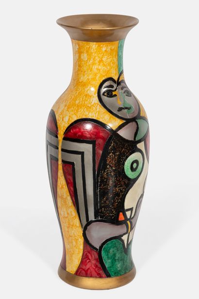 Two shaped ceramic pieces with polychrome...