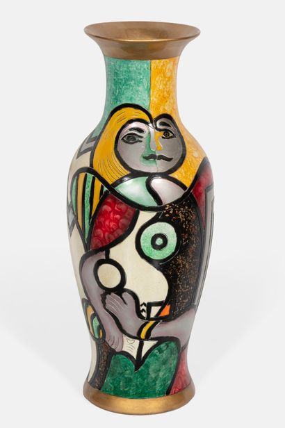 Two shaped ceramic pieces with polychrome...