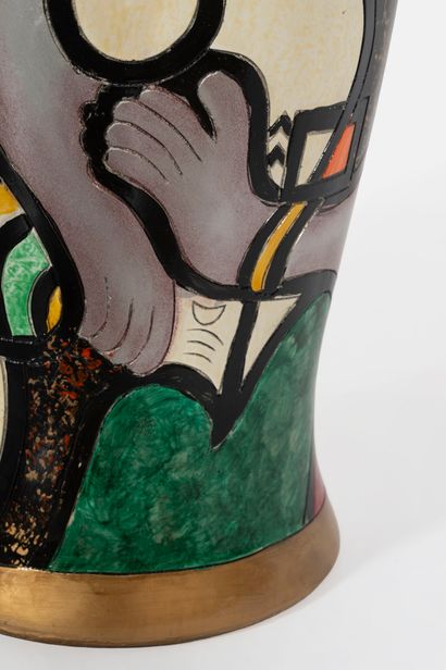 Two shaped ceramic pieces with polychrome...