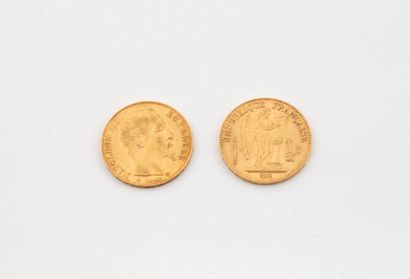Two 20 franc gold coins, Napoleon III and...