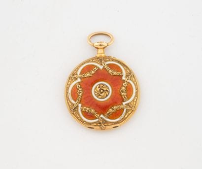 Neckwatch case (750) with orange enamel decoration...