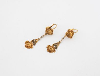 Pair of yellow and white gold (750) rose-patterned...