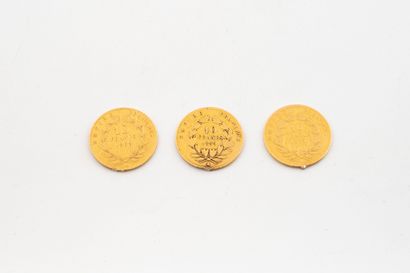 Three 10 franc gold coins, Napoleon III.
1855,...