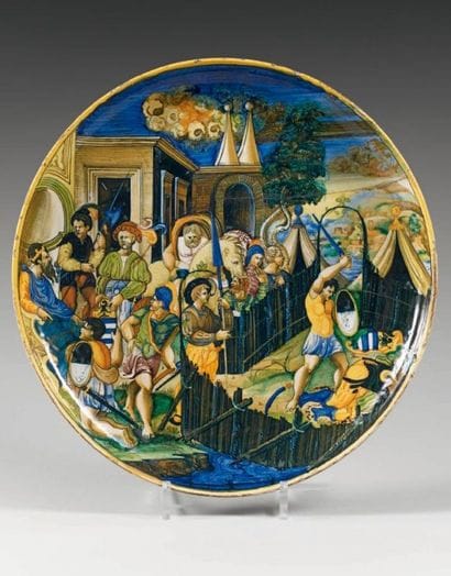 ITALIE (Urbino)
Grande coupe ronde à piédouche...