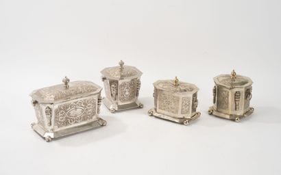 MOROCCO
Set of four silver-plated metal boxes,...