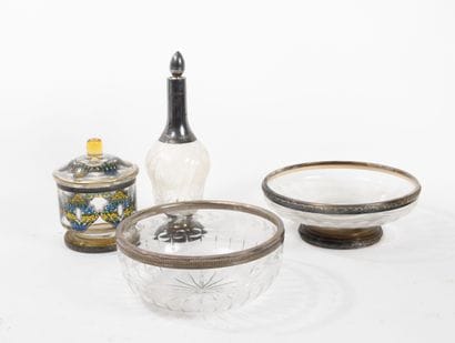 Set of glass or crystal pieces with silver...