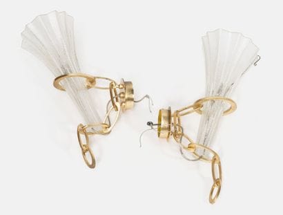 Pair of wall sconces.
Brushed brass frames...