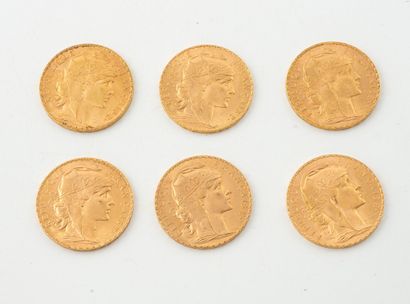 FRANCE
Six 20-franc gold coins.
Rooster.
1904,...