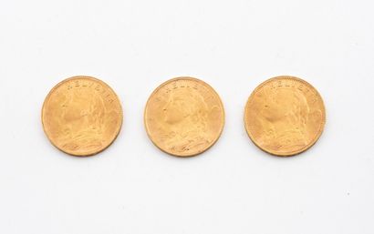 SWITZERLAND
Three 20-franc gold coins.
Helvetia.
1935...