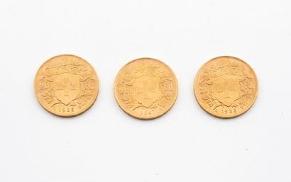SWITZERLAND
Three 20-franc gold coins.
Helvetia.
1935...