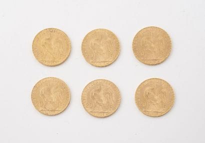 FRANCE
Six 20-franc gold coins.
Rooster.
1904,...