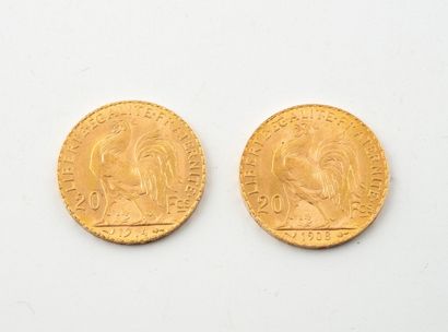 FRANCE
Two 20-franc gold coins.
Rooster.
1908...