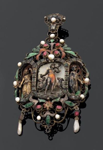 Grand pendentif en argent blanc et doré,...