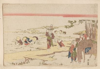 Deux oban yoko-e, l'un par Hokusai, représentant...