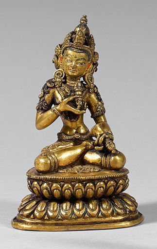 TIBET
Statuette de Vajradhara en bronze doré...