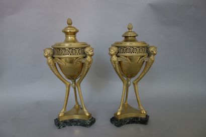 Paire de brûle-parfums tripodes en bronze...