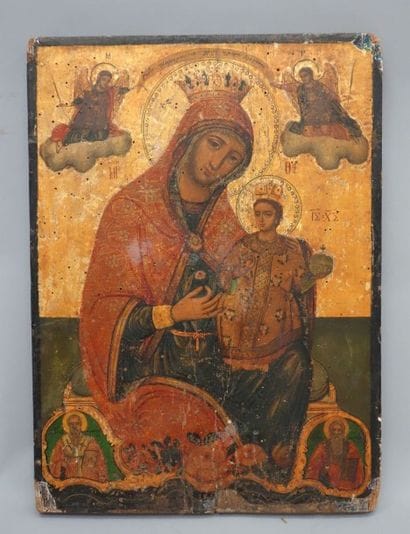 GRÈCE
Icône. La Mère de Dieu à l'Enfant couronnésAu-dessus...