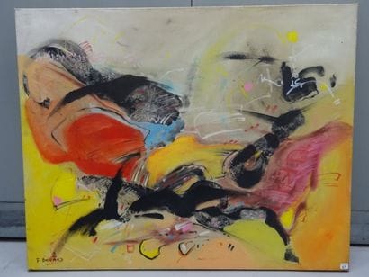 BOGARD
Composition sur fond jaune. Huile...