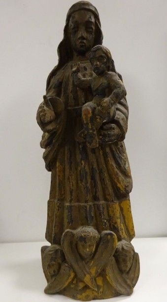 Vierge à l'Enfant. Sujet en bois sculpté....