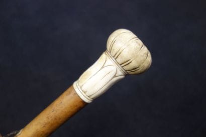 Canne à fût en bois blond et pommeau en ivoire...