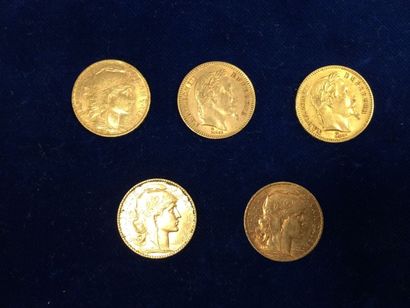 FRANCE

Lot de cinq pièces de 20 francs or,

1861,...