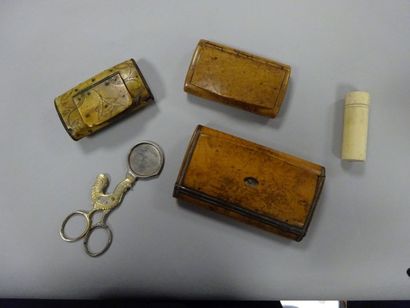Lot :

- trois tabatières en bois ou corne,

-...