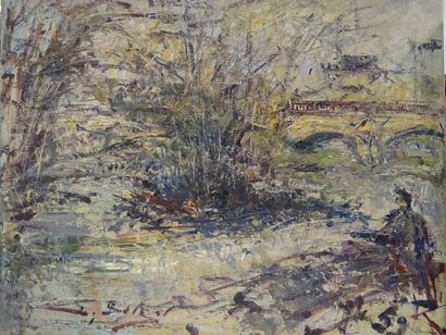 Ecole Moderne
Personnage près d'un pont.Huile...
