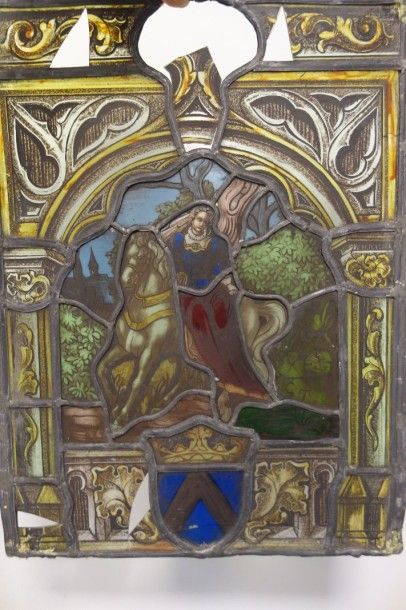 Lot de trois éléments de vitrail, en verre...