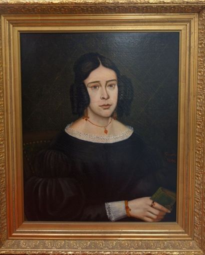 Ecole XIXème,Portrait de jeune femme au livre.Huile...
