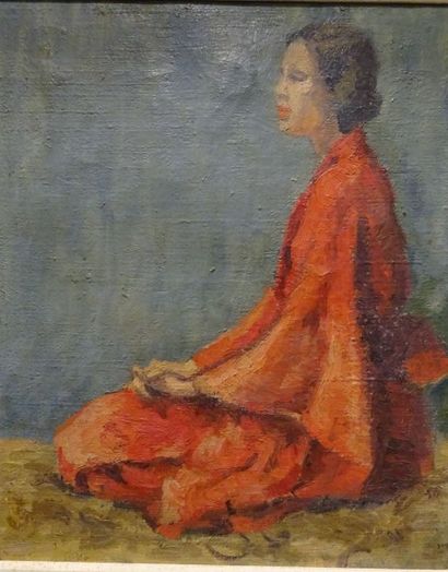 Ecole XXème,Femme agenouillée en kimono rouge,Huile...