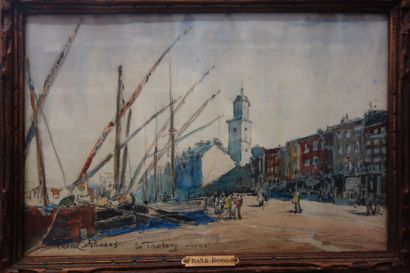 Franck BOGGS (1855-1926),Le port de St Tropez.Fusain...