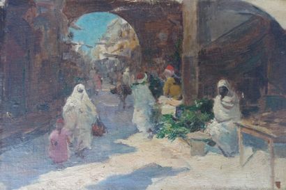 Gustave HALBART (1846-1913)Les Souks de TunisHuile...